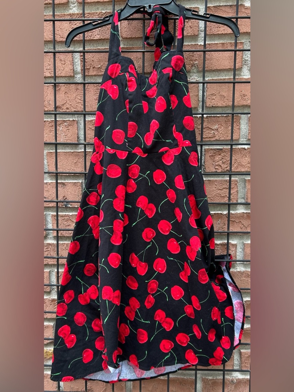 Black Halter Dress with Red Cherry Print